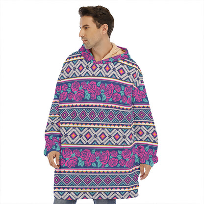 Native Tribal Ethnic Rose Pattern Print Hoodie Blanket