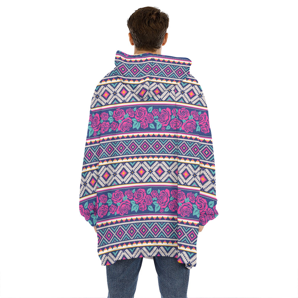 Native Tribal Ethnic Rose Pattern Print Hoodie Blanket