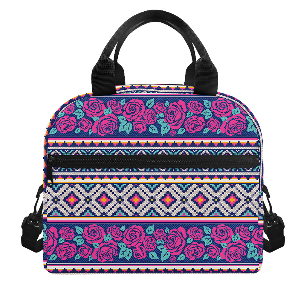 Native Tribal Ethnic Rose Pattern Print Insulated Lunch Bag
