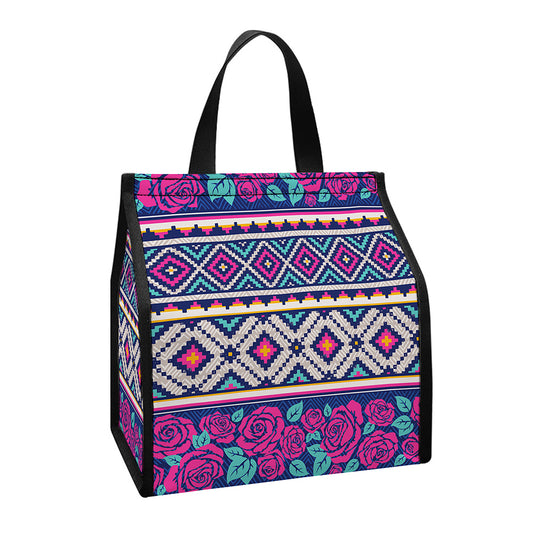 Native Tribal Ethnic Rose Pattern Print Insulated Lunch Tote