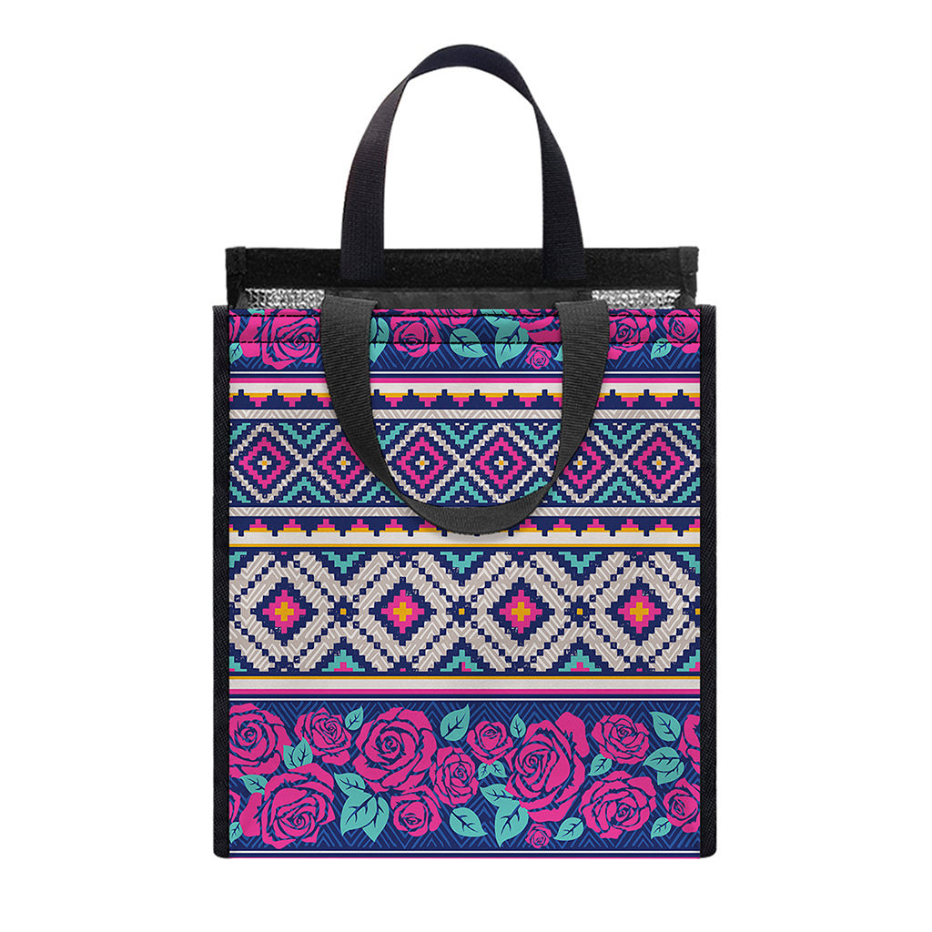 Native Tribal Ethnic Rose Pattern Print Insulated Lunch Tote