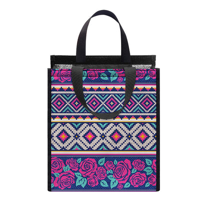 Native Tribal Ethnic Rose Pattern Print Insulated Lunch Tote