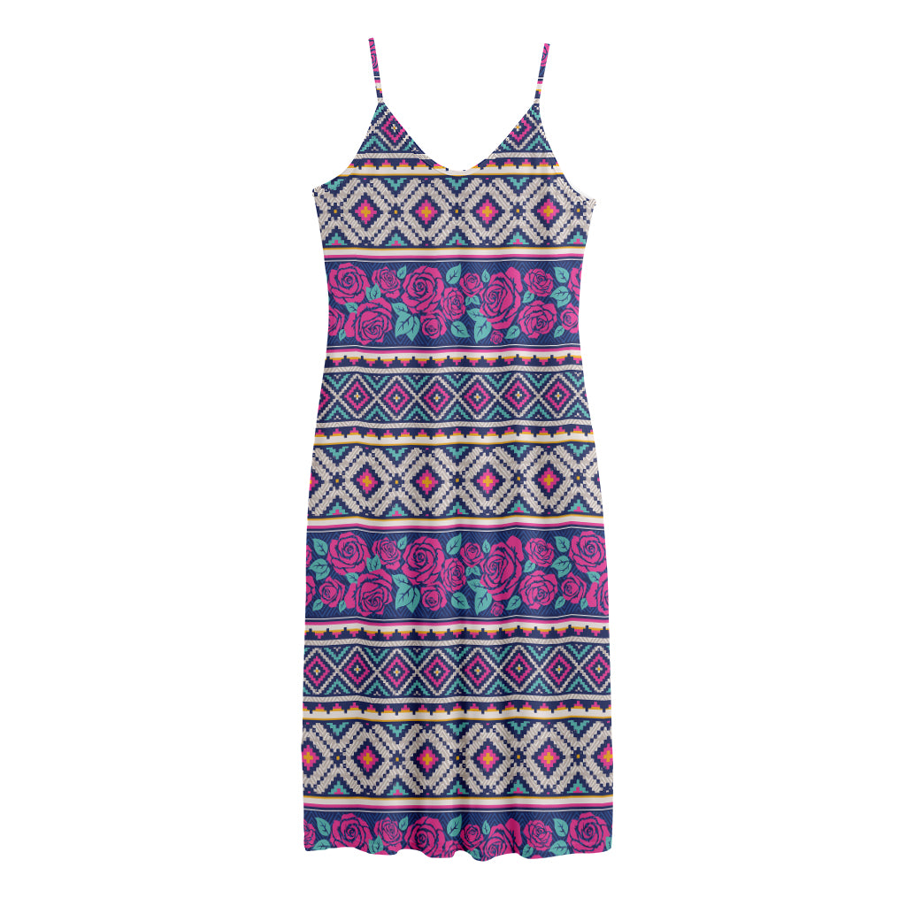 Native Tribal Ethnic Rose Pattern Print Jersey Midi Cami Dress