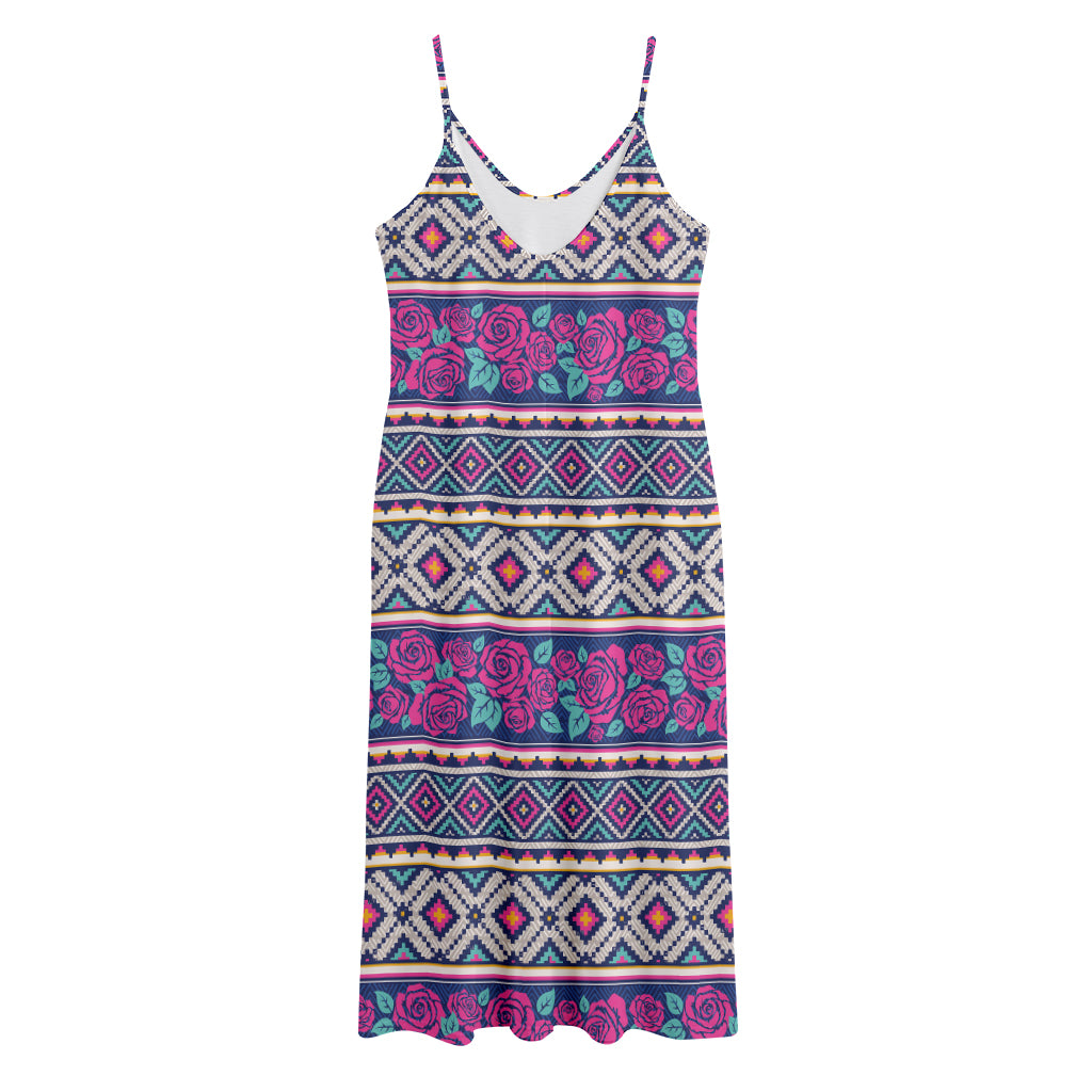 Native Tribal Ethnic Rose Pattern Print Jersey Midi Cami Dress