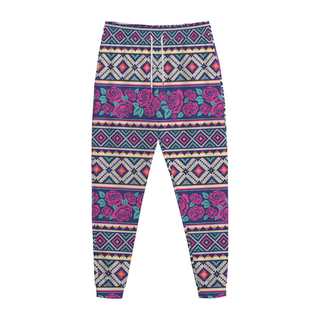 Native Tribal Ethnic Rose Pattern Print Jogger Pants