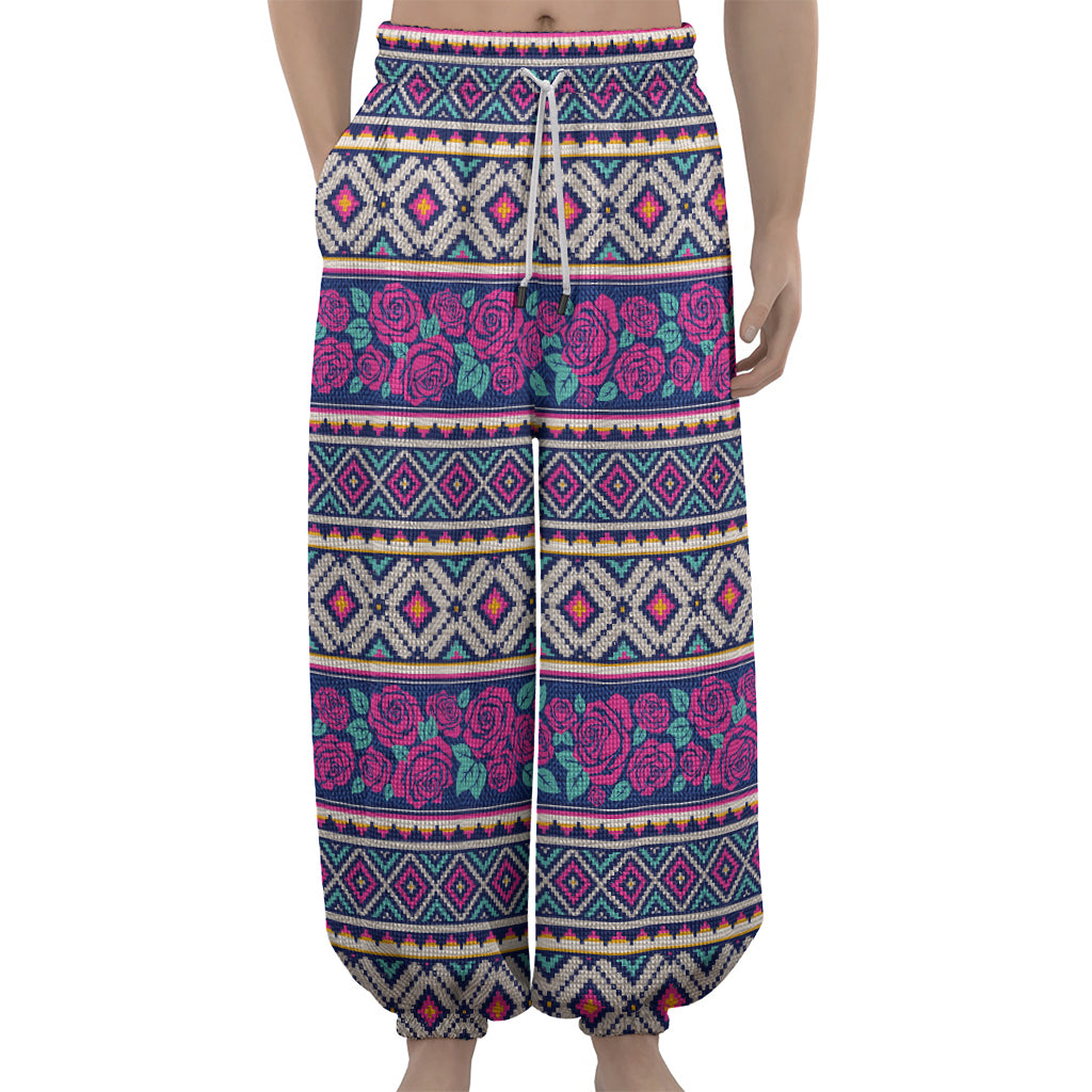 Native Tribal Ethnic Rose Pattern Print Lantern Pants