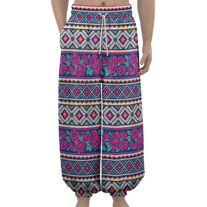 Native Tribal Ethnic Rose Pattern Print Lantern Pants