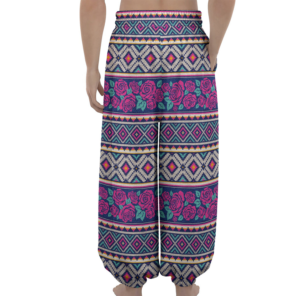 Native Tribal Ethnic Rose Pattern Print Lantern Pants