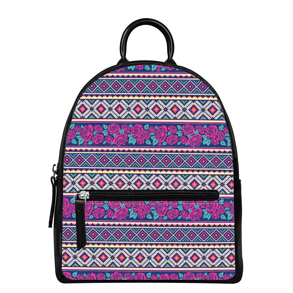 Native Tribal Ethnic Rose Pattern Print Leather Backpack