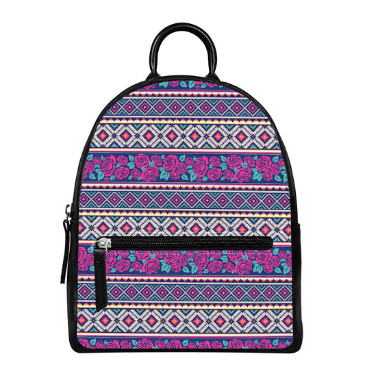 Native Tribal Ethnic Rose Pattern Print Leather Backpack