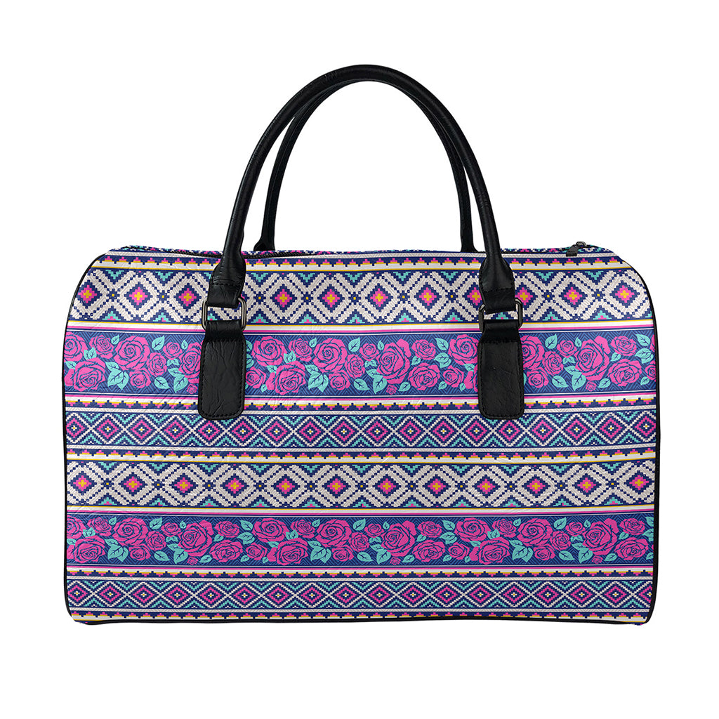 Native Tribal Ethnic Rose Pattern Print Leather Duffle Bag