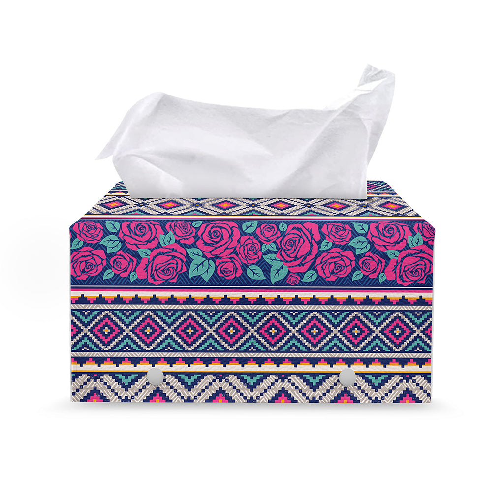 Native Tribal Ethnic Rose Pattern Print Leather Tissue Box Cover