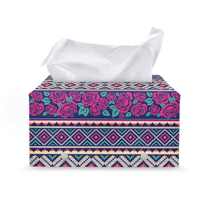Native Tribal Ethnic Rose Pattern Print Leather Tissue Box Cover