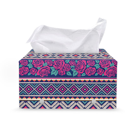 Native Tribal Ethnic Rose Pattern Print Leather Tissue Box Cover