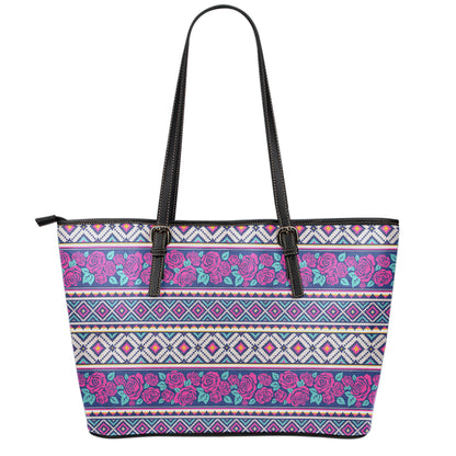 Native Tribal Ethnic Rose Pattern Print Leather Tote Bag