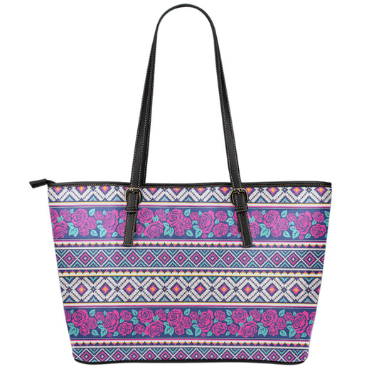 Native Tribal Ethnic Rose Pattern Print Leather Tote Bag