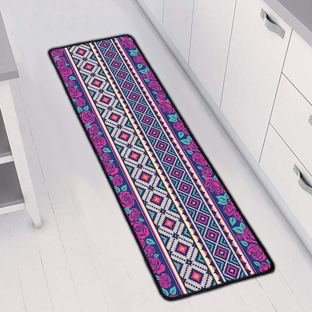 Native Tribal Ethnic Rose Pattern Print Long Kitchen Mat
