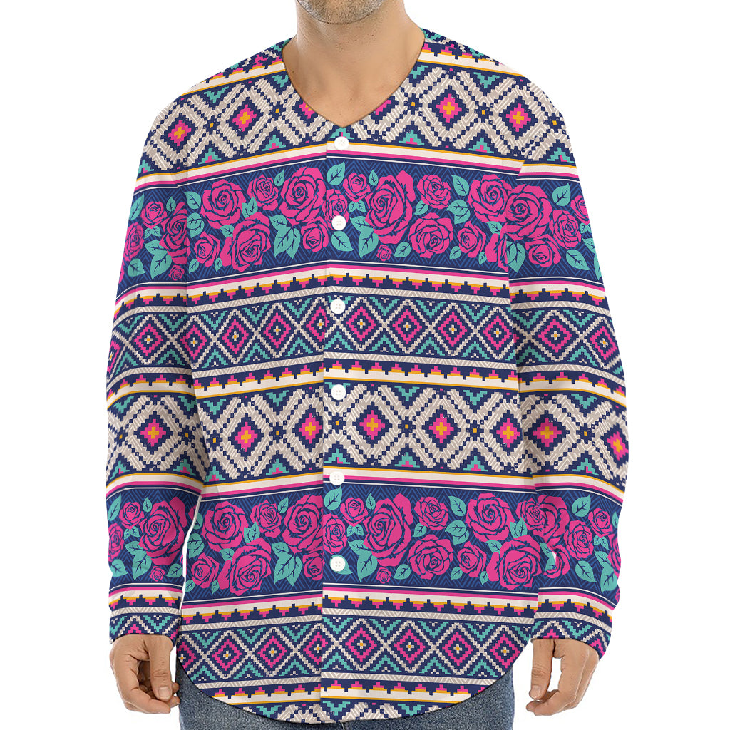 Native Tribal Ethnic Rose Pattern Print Long Sleeve Baseball Jersey