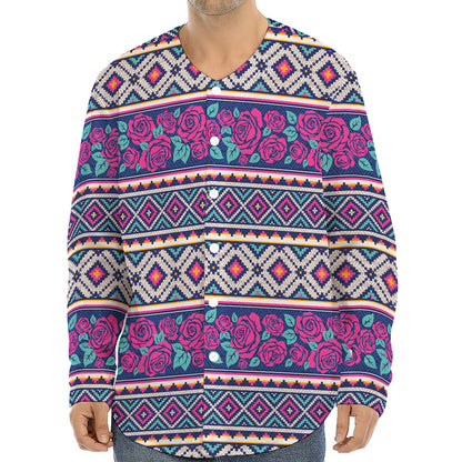 Native Tribal Ethnic Rose Pattern Print Long Sleeve Baseball Jersey