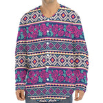 Native Tribal Ethnic Rose Pattern Print Long Sleeve Baseball Jersey