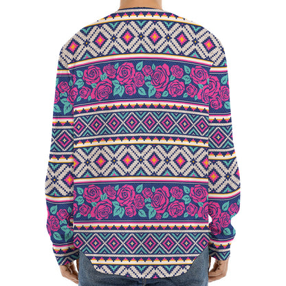Native Tribal Ethnic Rose Pattern Print Long Sleeve Baseball Jersey