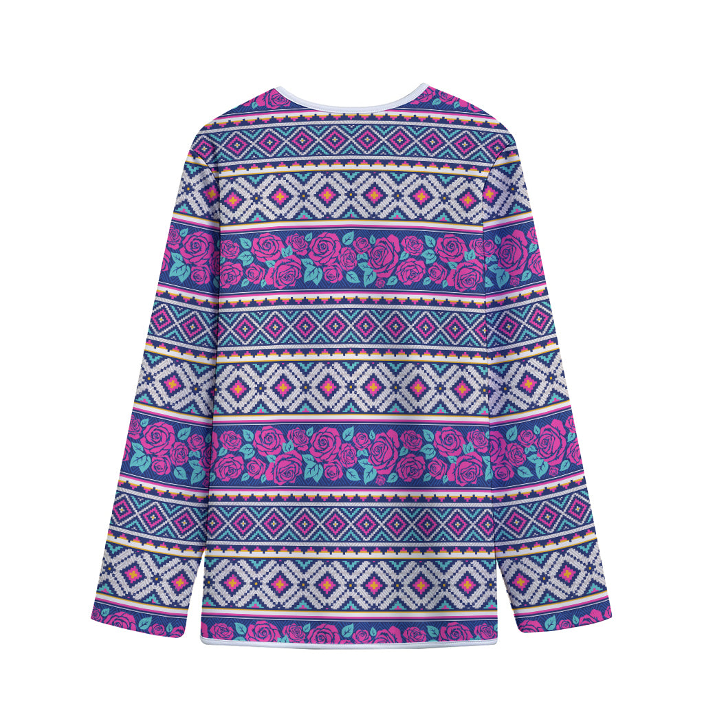 Native Tribal Ethnic Rose Pattern Print Long Sleeve Short Coat