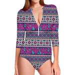 Native Tribal Ethnic Rose Pattern Print Long Sleeve Swimsuit