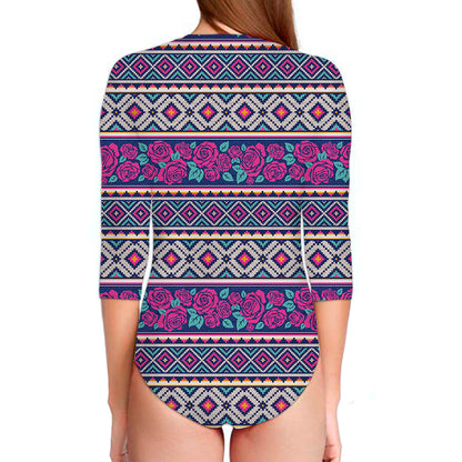 Native Tribal Ethnic Rose Pattern Print Long Sleeve Swimsuit