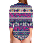 Native Tribal Ethnic Rose Pattern Print Long Sleeve Swimsuit