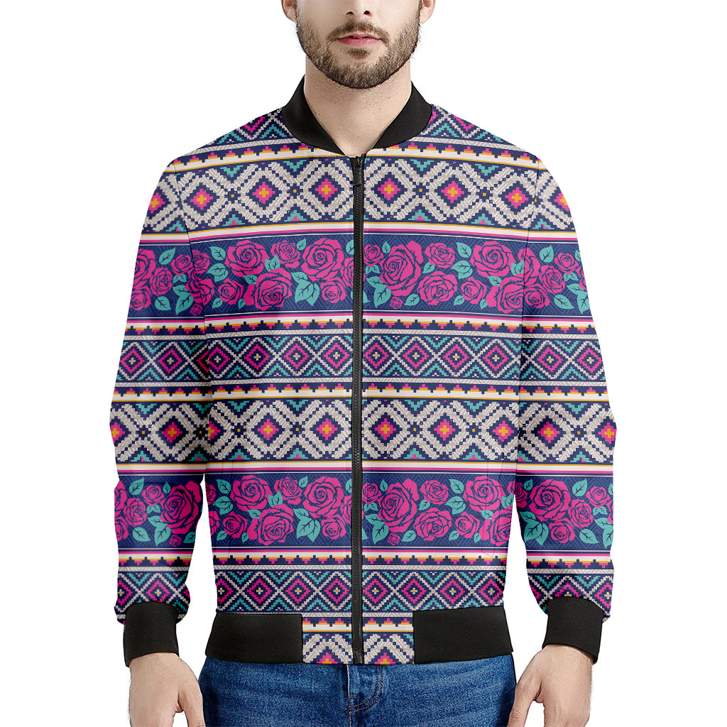Native Tribal Ethnic Rose Pattern Print Men's Bomber Jacket