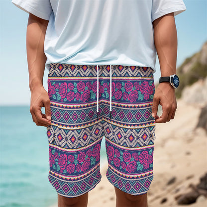 Native Tribal Ethnic Rose Pattern Print Men's Cargo Shorts