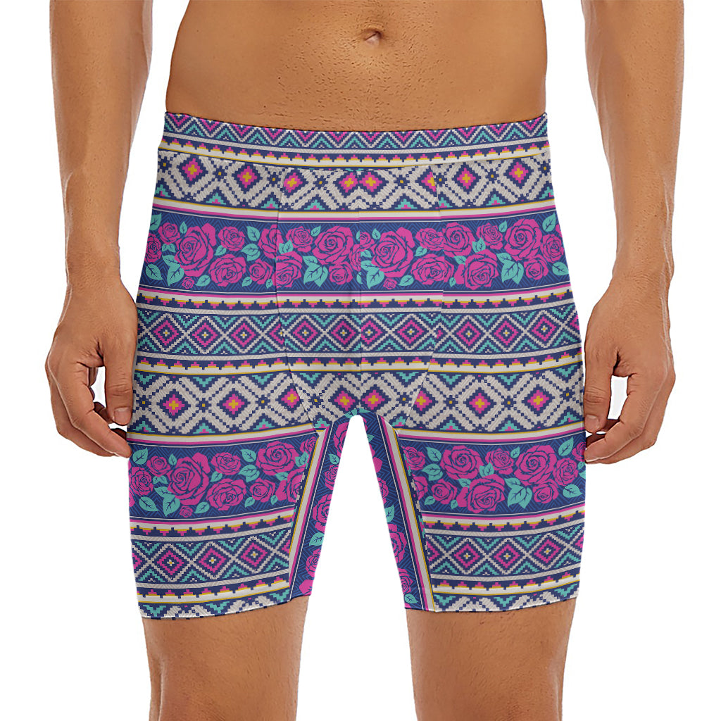 Native Tribal Ethnic Rose Pattern Print Men's Long Boxer Briefs
