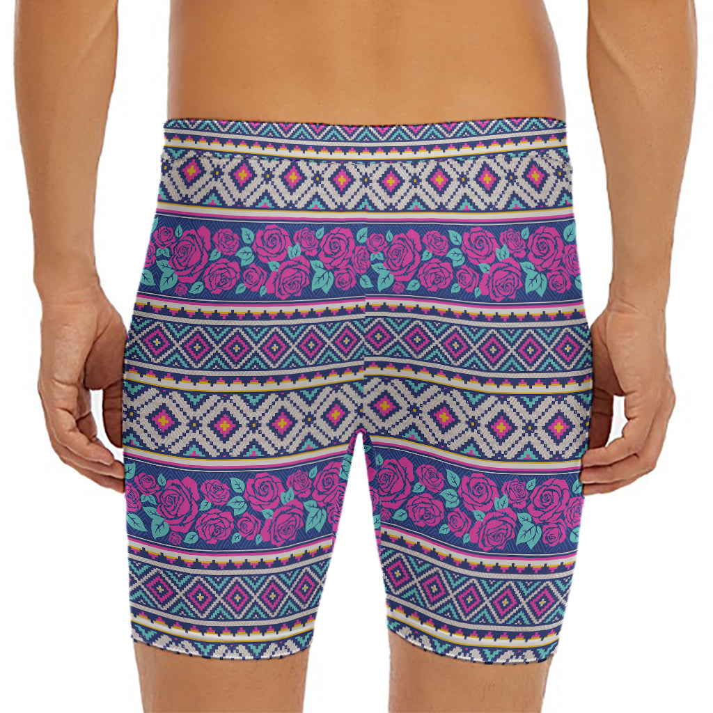 Native Tribal Ethnic Rose Pattern Print Men's Long Boxer Briefs