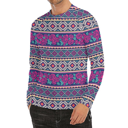 Native Tribal Ethnic Rose Pattern Print Men's Long Sleeve Rash Guard