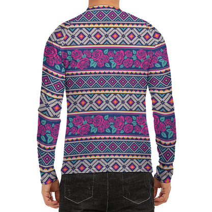 Native Tribal Ethnic Rose Pattern Print Men's Long Sleeve Rash Guard