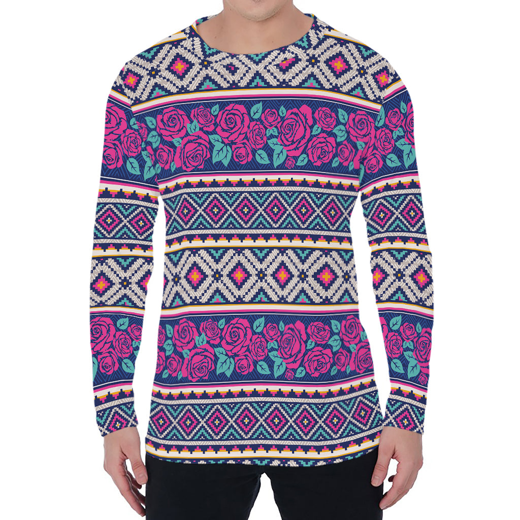 Native Tribal Ethnic Rose Pattern Print Men's Long Sleeve T-Shirt