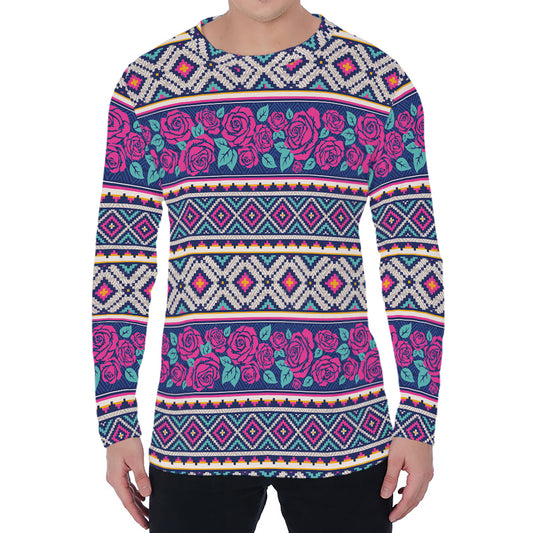 Native Tribal Ethnic Rose Pattern Print Men's Long Sleeve T-Shirt