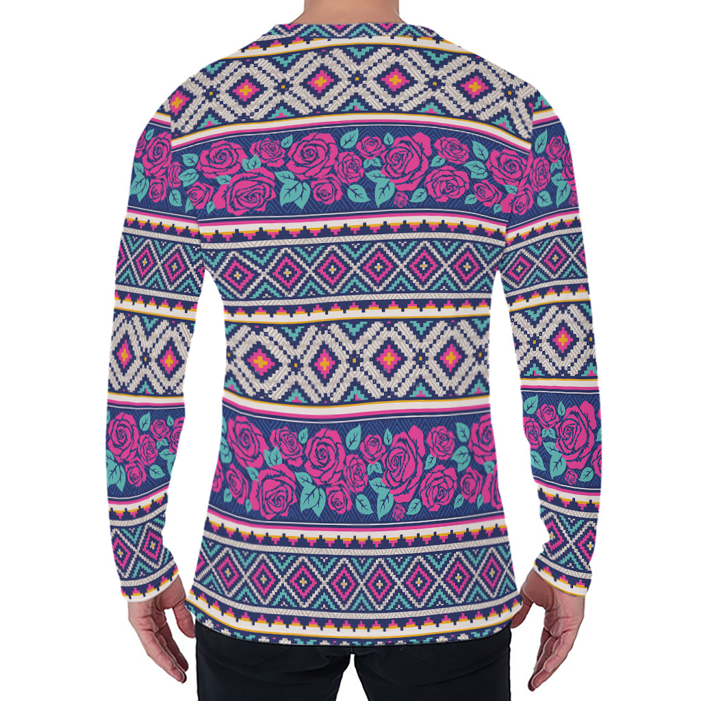 Native Tribal Ethnic Rose Pattern Print Men's Long Sleeve T-Shirt