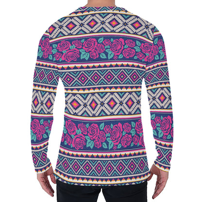 Native Tribal Ethnic Rose Pattern Print Men's Long Sleeve T-Shirt