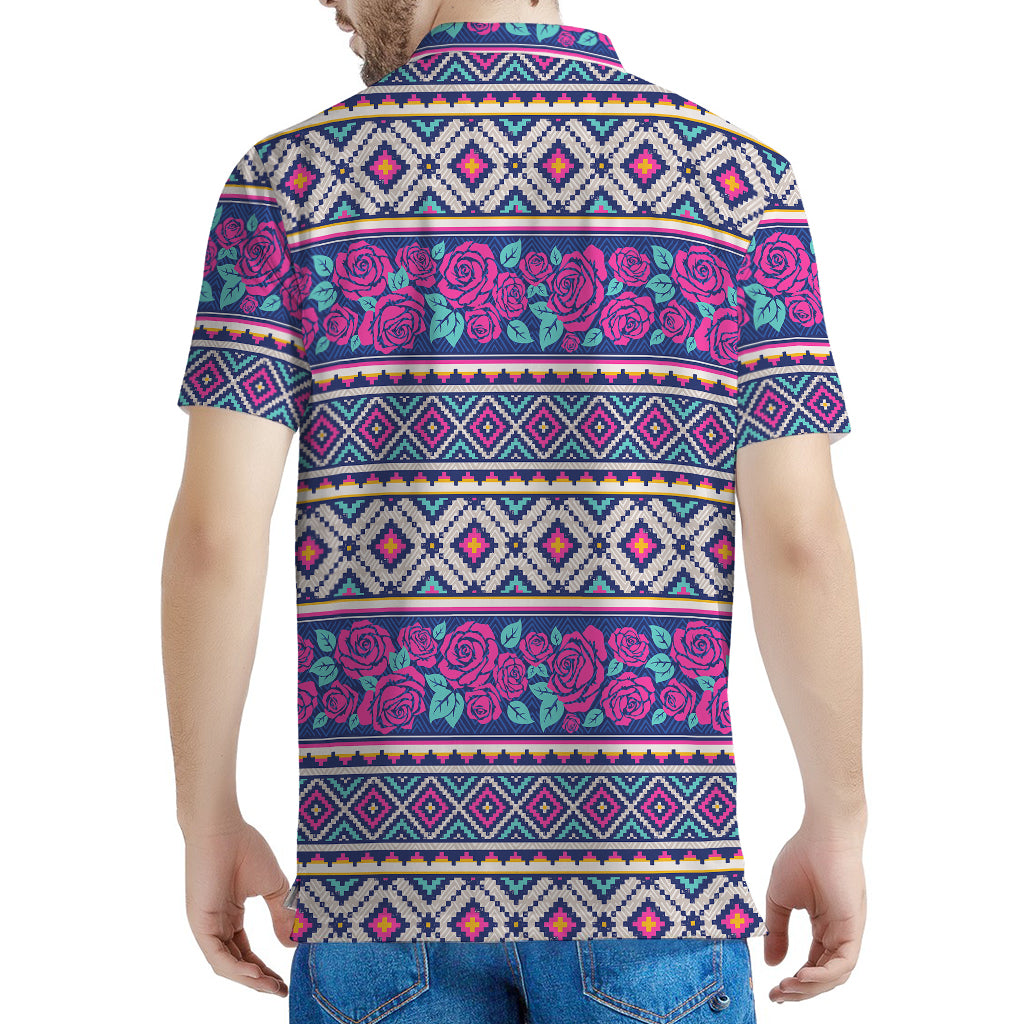 Native Tribal Ethnic Rose Pattern Print Men's Polo Shirt