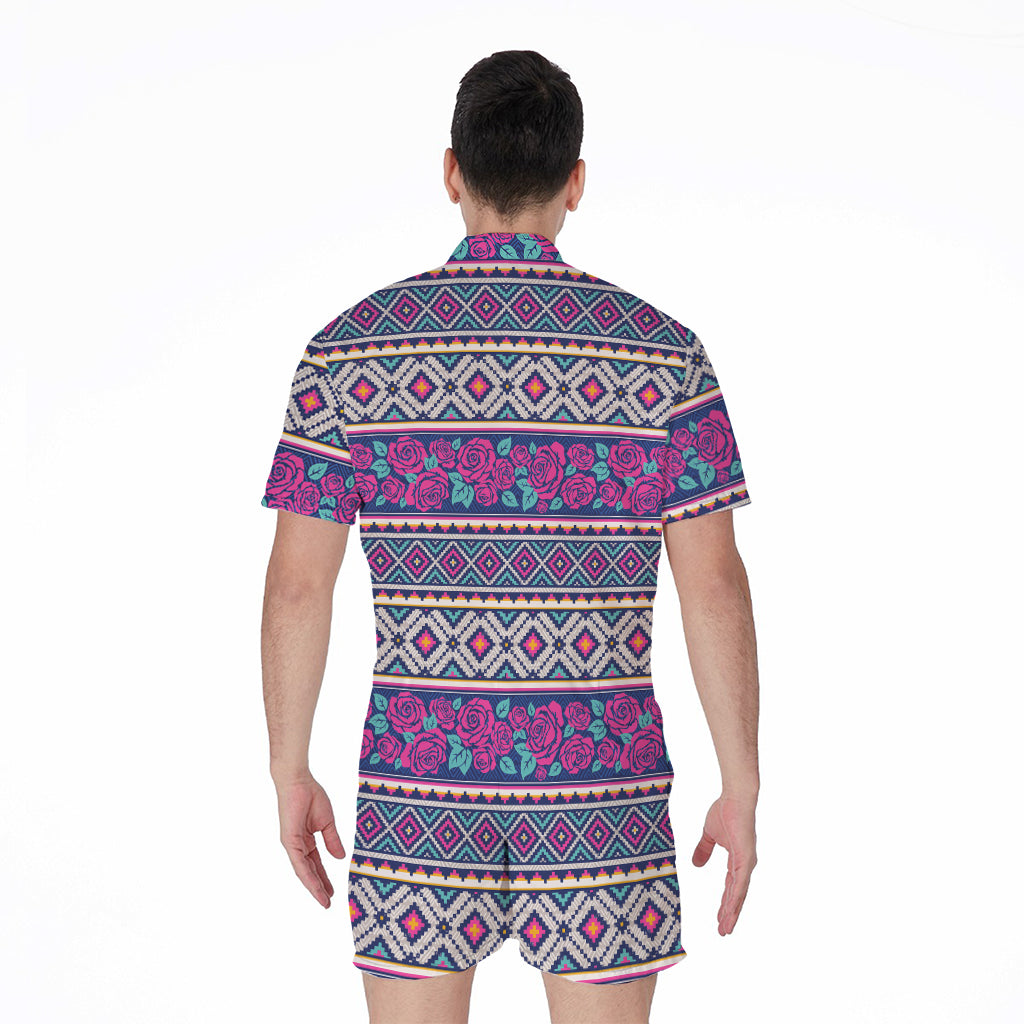 Native Tribal Ethnic Rose Pattern Print Men's Rompers