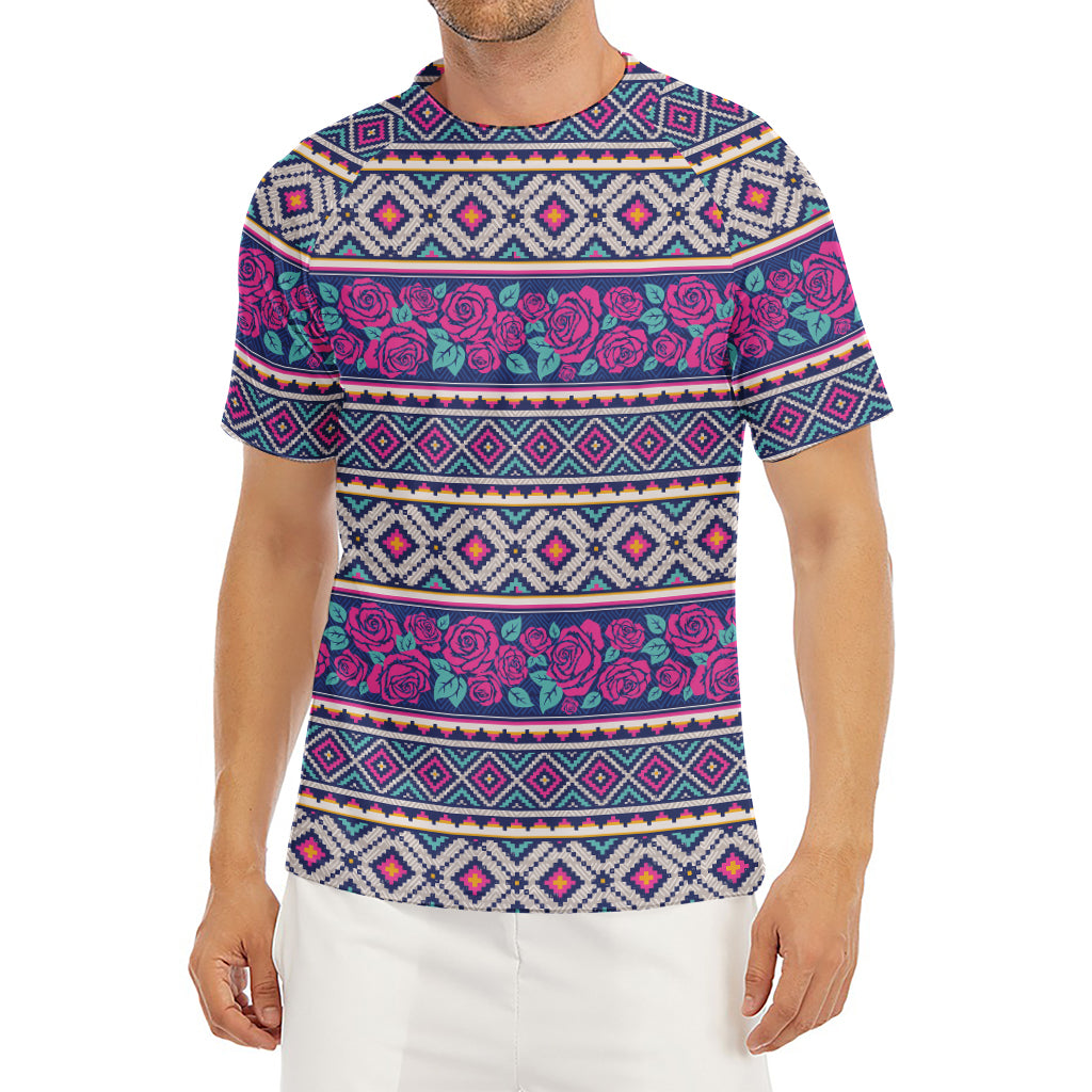 Native Tribal Ethnic Rose Pattern Print Men's Short Sleeve Rash Guard