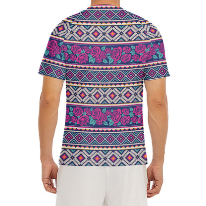 Native Tribal Ethnic Rose Pattern Print Men's Short Sleeve Rash Guard