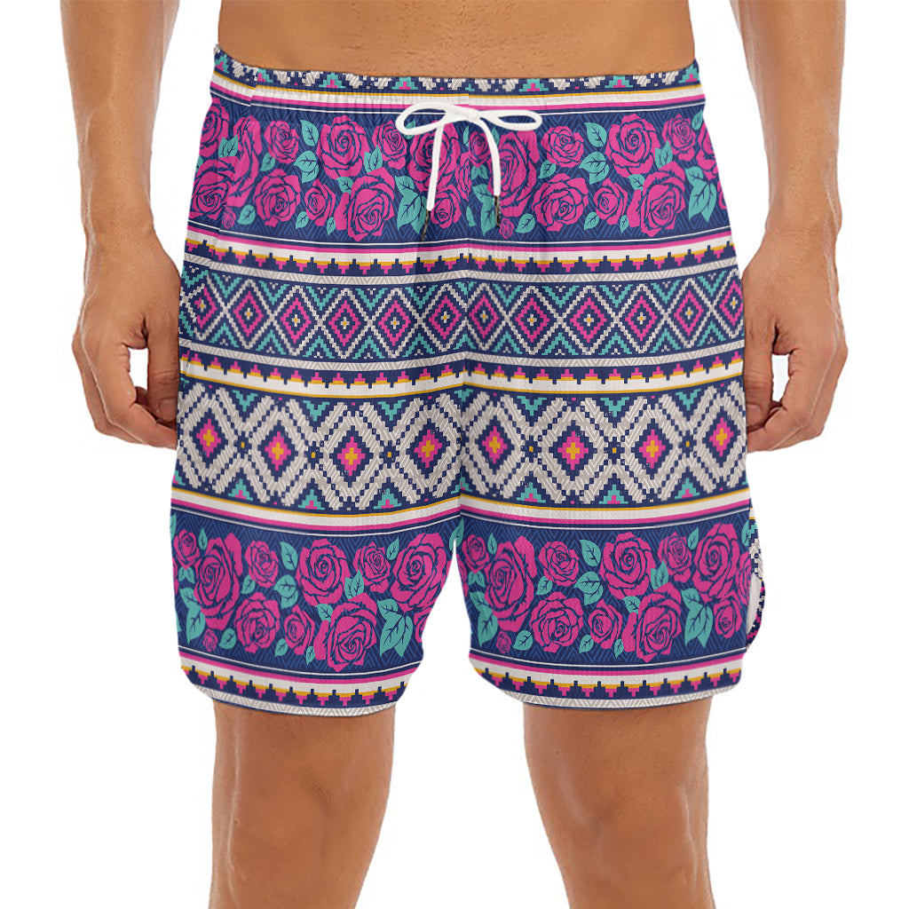 Native Tribal Ethnic Rose Pattern Print Men's Split Running Shorts