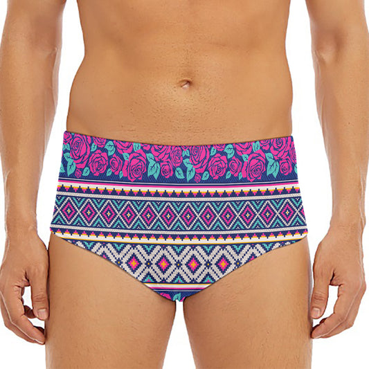 Native Tribal Ethnic Rose Pattern Print Men's Triangle Swim Briefs