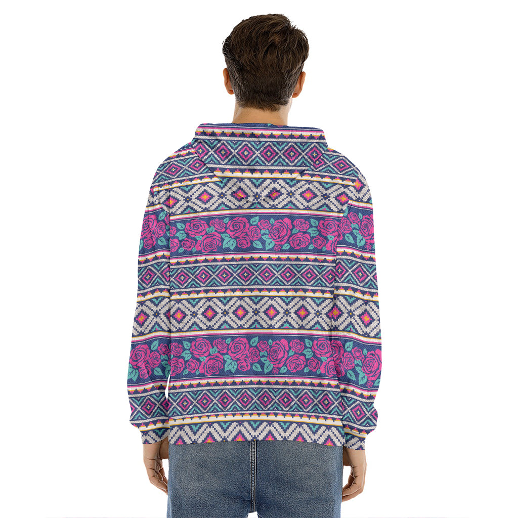 Native Tribal Ethnic Rose Pattern Print Men's Velvet Pullover Hoodie