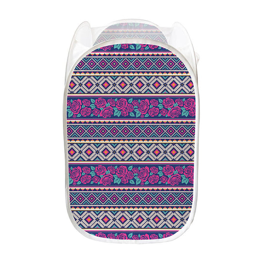 Native Tribal Ethnic Rose Pattern Print Mesh Laundry Hamper