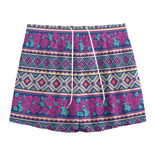Native Tribal Ethnic Rose Pattern Print Mesh Shorts
