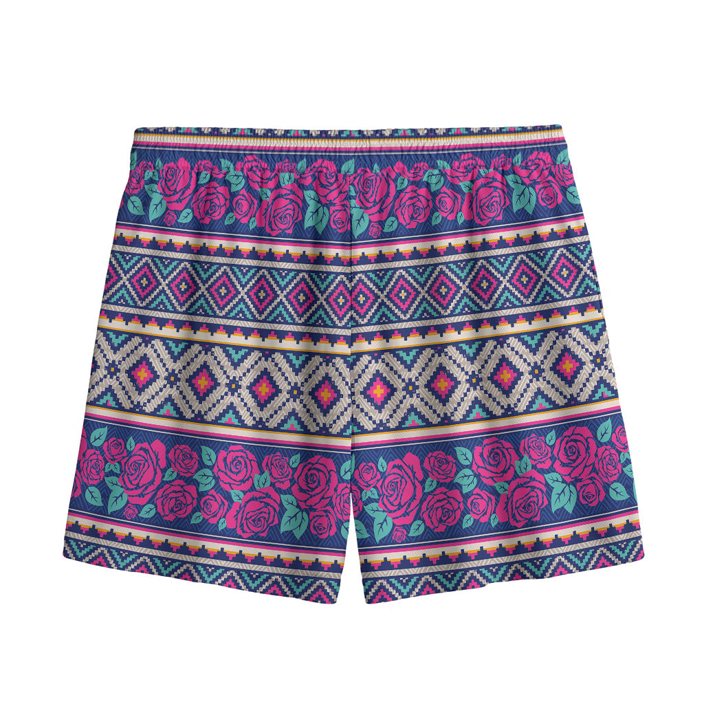 Native Tribal Ethnic Rose Pattern Print Mesh Shorts