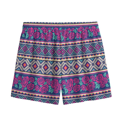 Native Tribal Ethnic Rose Pattern Print Mesh Shorts